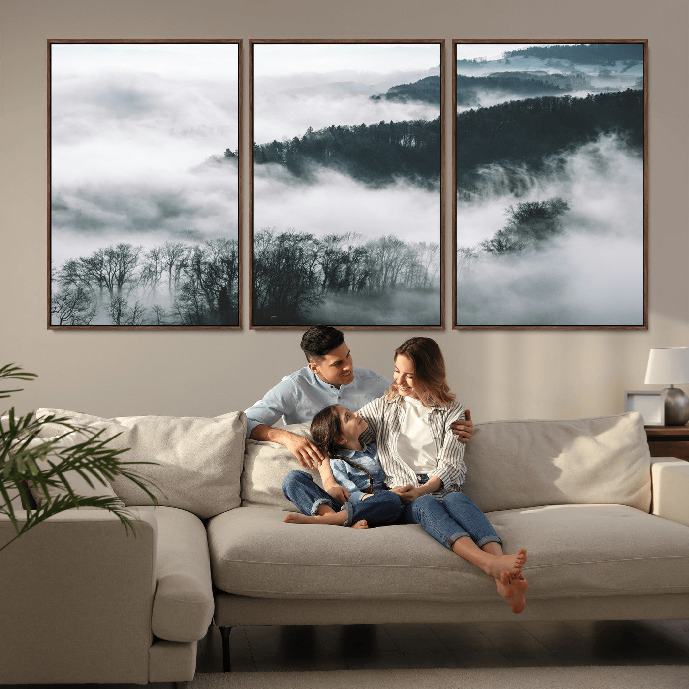 67569654-MGV-CV-36X24-Foggy Forest Landscape Wall Art Canvas Print – Misty Mountain Valley Scene Monochrome Tones Nature Artwork for Home Office