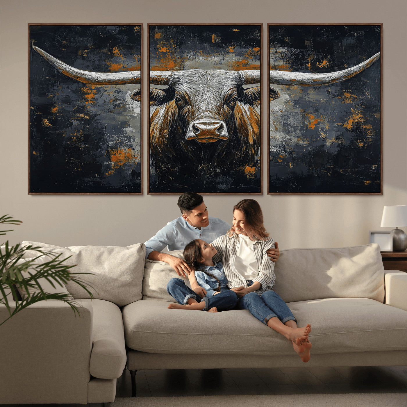 93195031-MGV-CV-36X24-Rustic Longhorn Bull Wall Art Canvas Print – Vintage Western Cattle Scene, Texas Steer Artwork for Home, Office