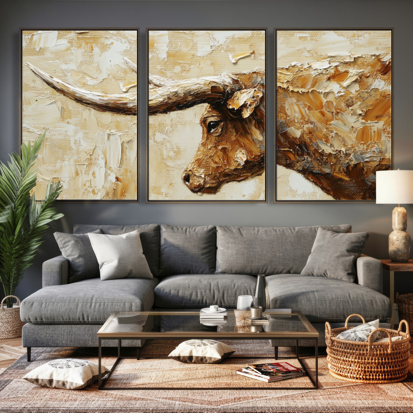 69611428-MGV-CV-36X24 - Rustic Longhorn Bull Wall Art Canvas Print – Vintage Western Cattle Painting, Texas Abstract Wall Cow Prints