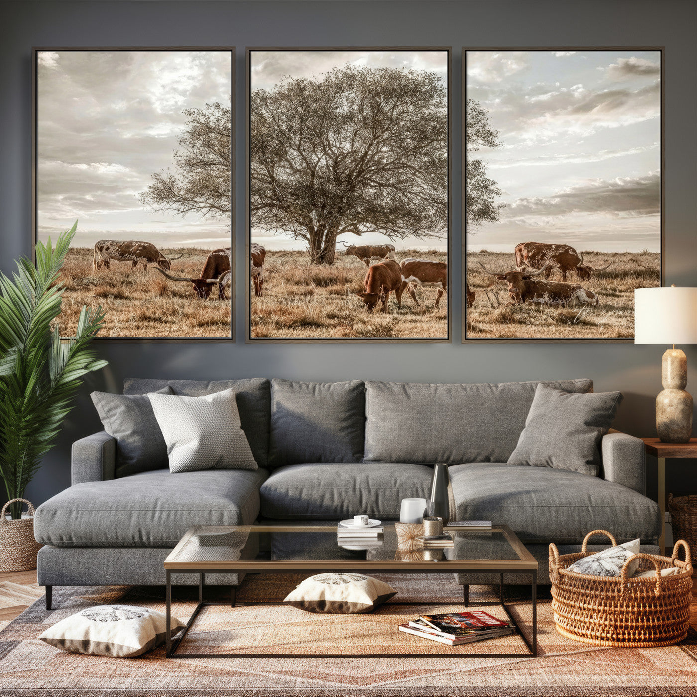 87590224-MGV-CV-36X24 - Texas Longhorn Cattle Wall Art Canvas Print – Rustic Western Ranch Scene with Steers at Sunset, Perfect for Farmhouse or Cowboy Decor