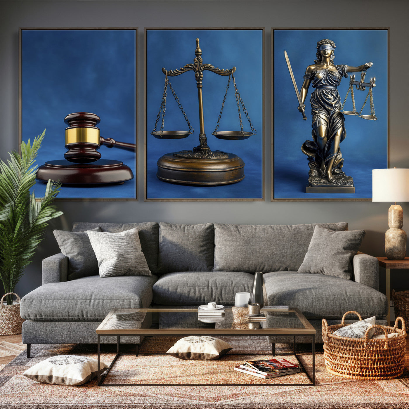 27565987-MGV-CV-60X30-3P - Legal Justice Wall Art Canvas – Gavel, Scales & Lady Justice with Courtroom Canvas Print for Law Office or Lawyer Gifts