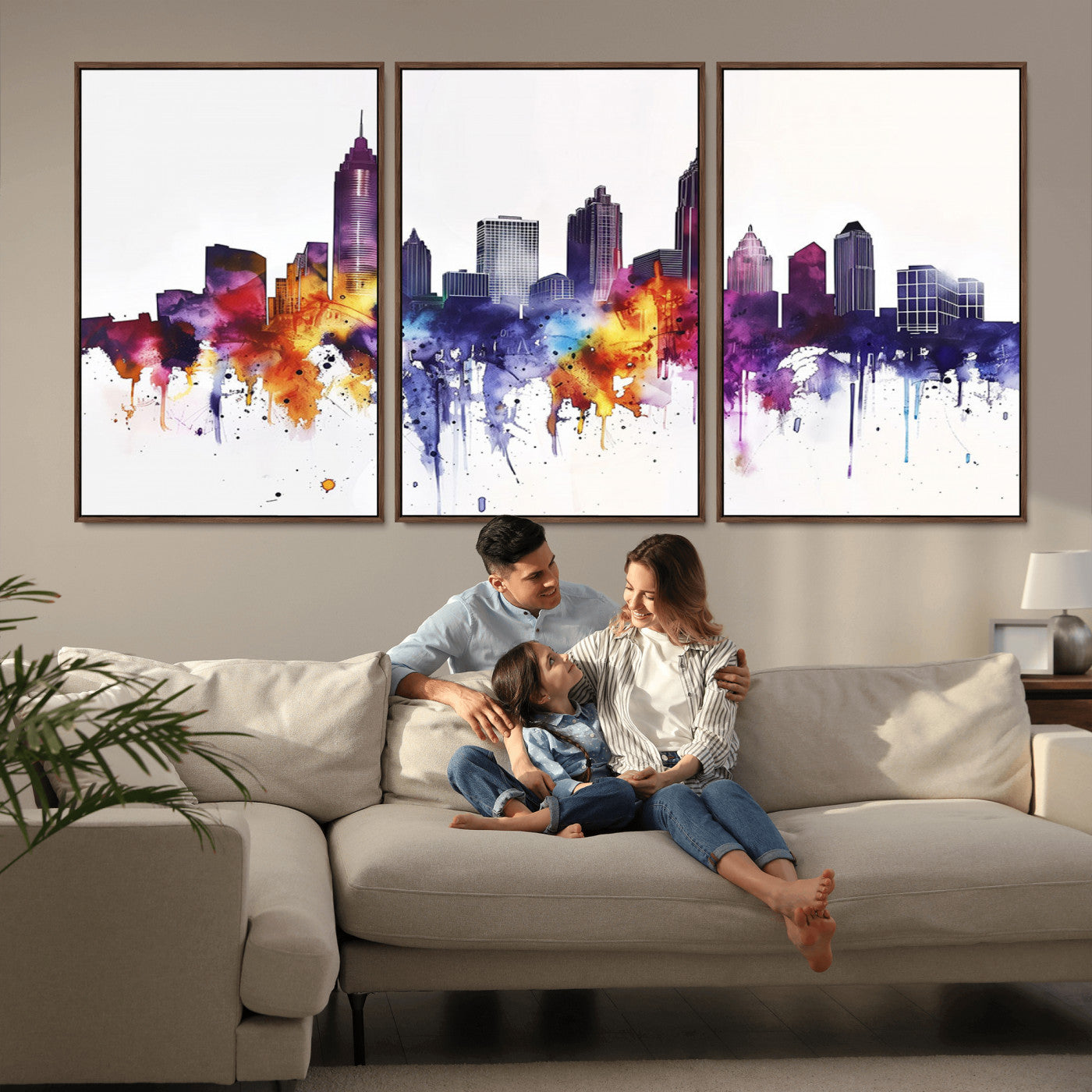 34479880-MGV-CV-36X24-Atlanta Skyline Wall Art Canvas Print – Framed Colorful Watercolor Cityscape Artwork for Home, Office, Living Room