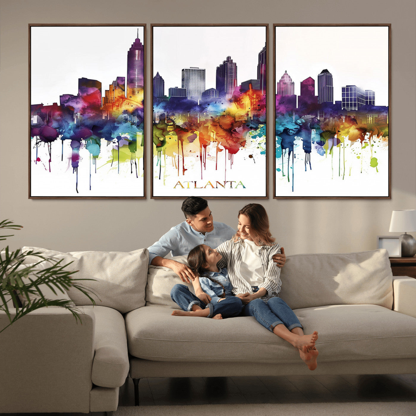 36048320-MGV-CV-36X24-Atlanta Skyline Wall Art Canvas Print – Framed Colorful Watercolor Cityscape Abstract Urban Artwork for Home, Office