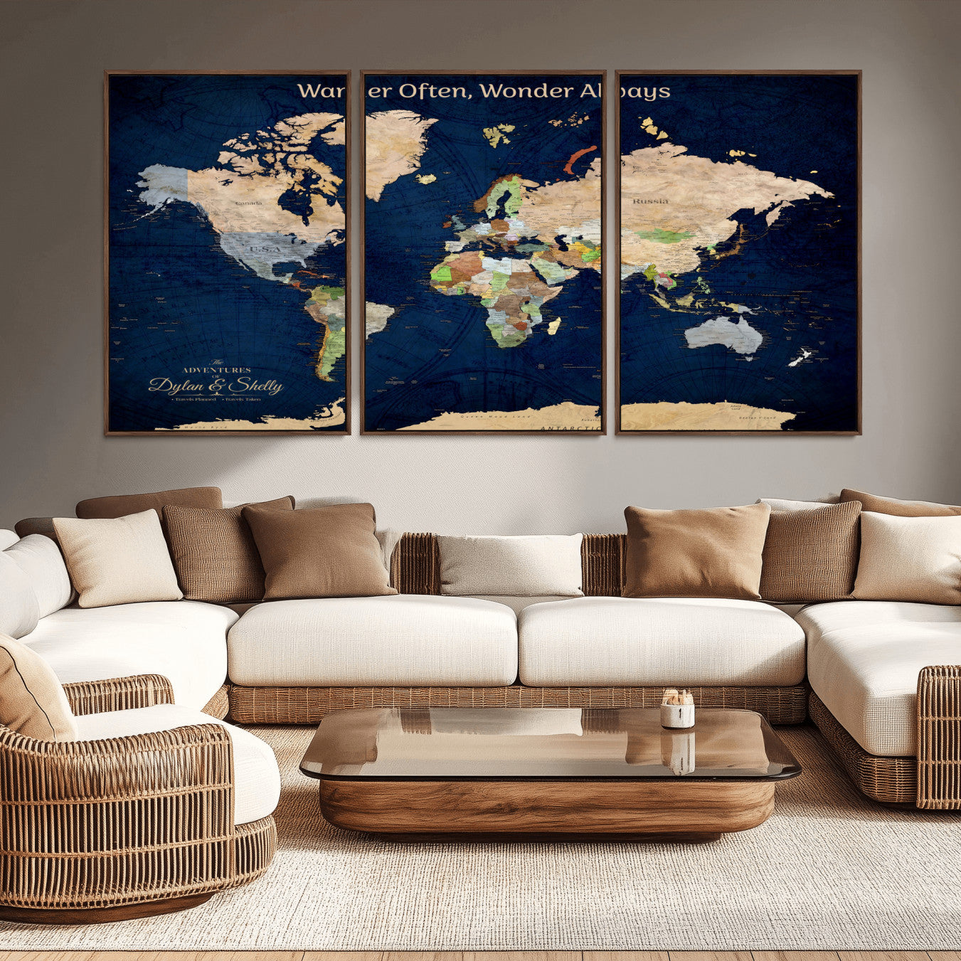 Rehber01-MGV-CV-36X24-Personalized World Map Canvas – Custom Framed Push Pin Travel Map Wall Art, Navy Blue Vintage Gift for Couples and Adventurers