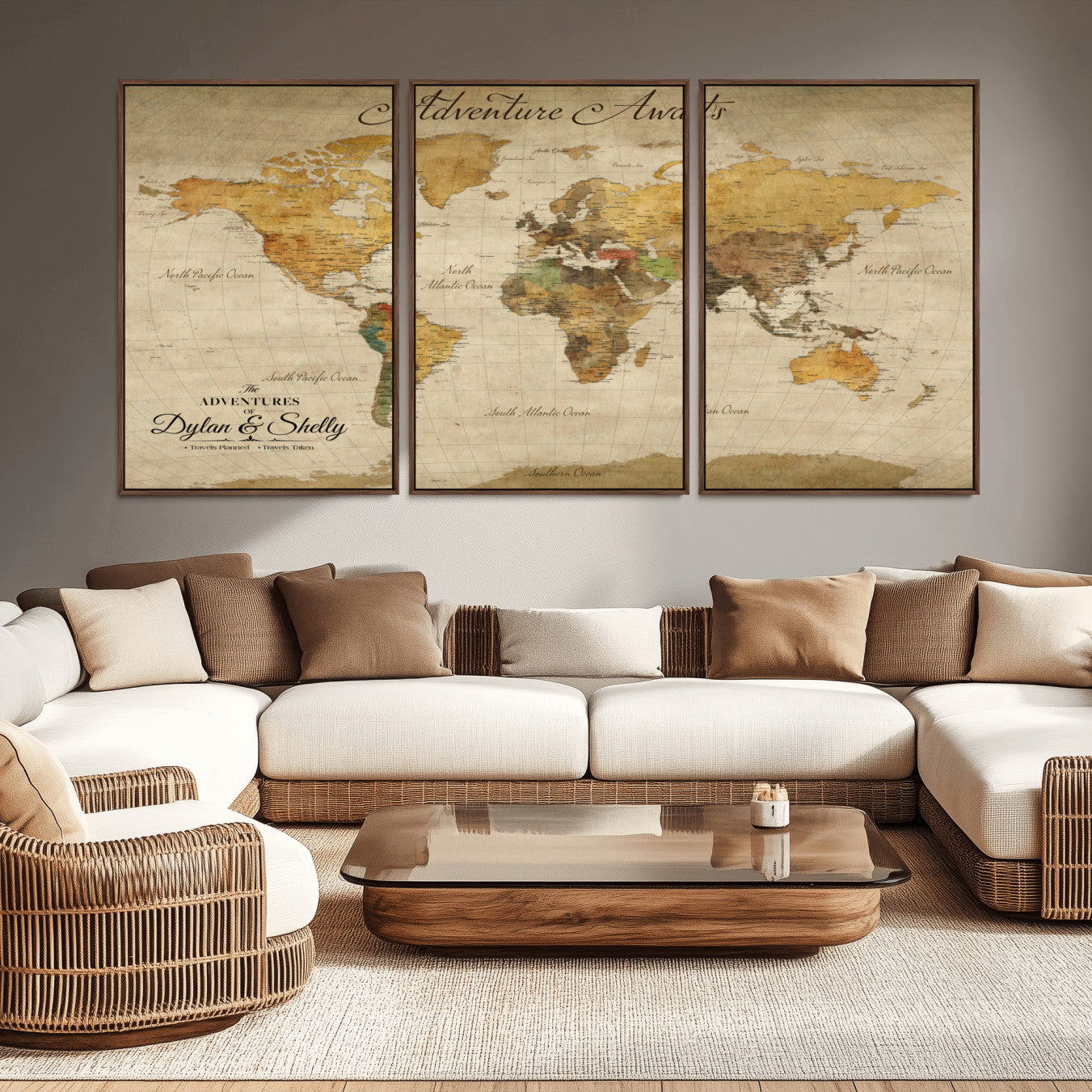 Rehber01-MGV-CV-36X24-Personalized World Map Canvas – Custom Framed Push Pin Travel Map Wall Art, Rustic Vintage Gift for Couples and Travel Lovers