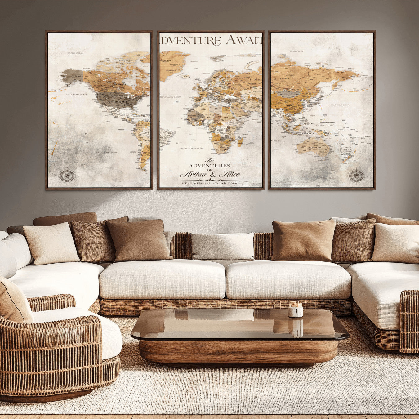 Rehber01-MGV-CV-36X24-Personalized World Map Canvas Print – Custom Push Pin Travel Map Vintage Neutral Style Gift for Couples Travelers for Home Office