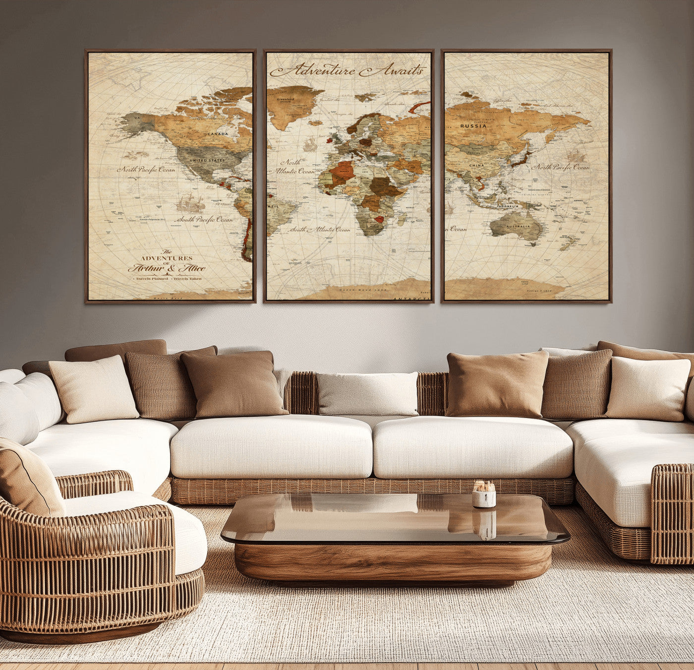 Rehber01-MGV-CV-36X24-Customizable Framed World Map Canvas Print – Personalized Push Pin Travel Map Gift for Couples Explorers for Home, Office