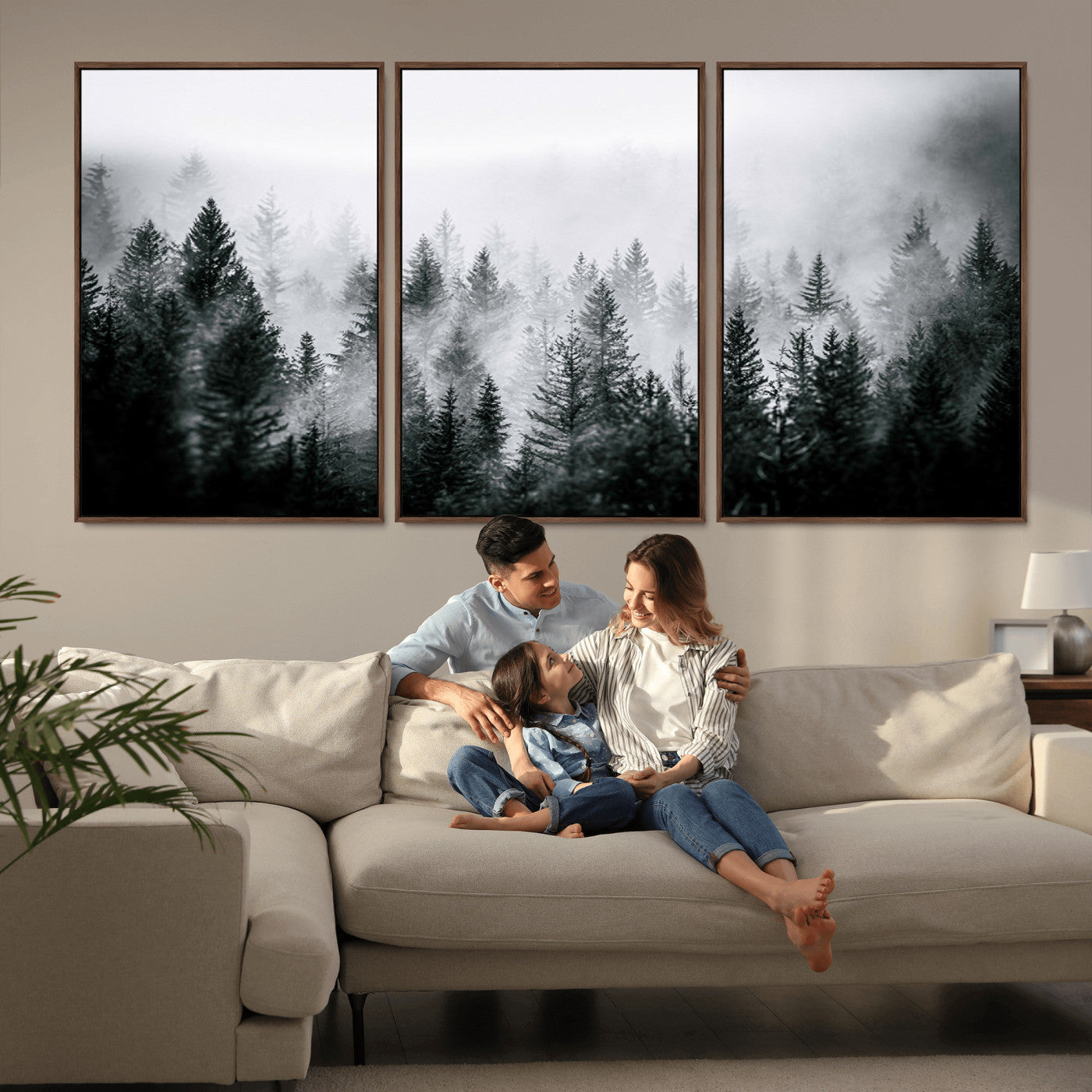 87750525-MGV-CV-36X24-Foggy Pine Forest Wall Art – Black White Nature Landscape Canvas Artwork, Misty Trees Design, Modern Decor for Home, Office