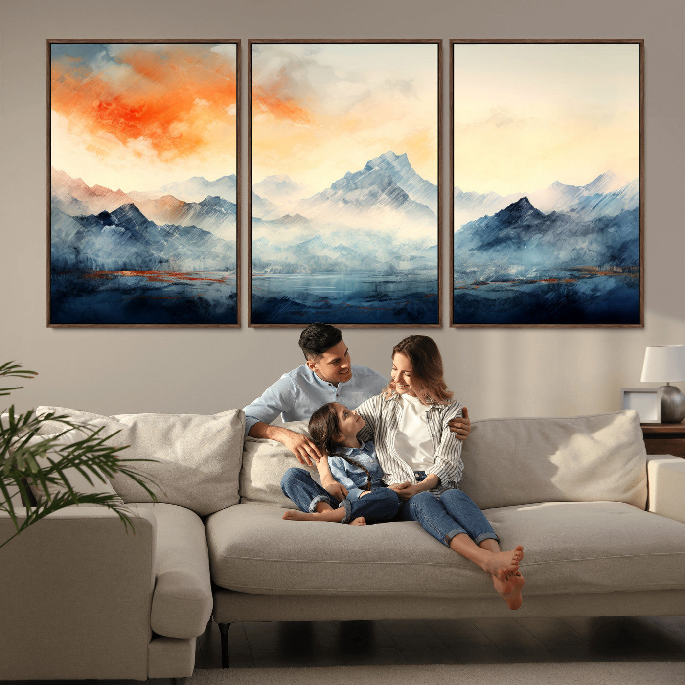 WRM1005-MGV-FC-60X30-3P - Warm Clouds Abstract Mountain Wall Art, Modern Landscape Canvas Print, Minimal Framed Artwork for Home, Office