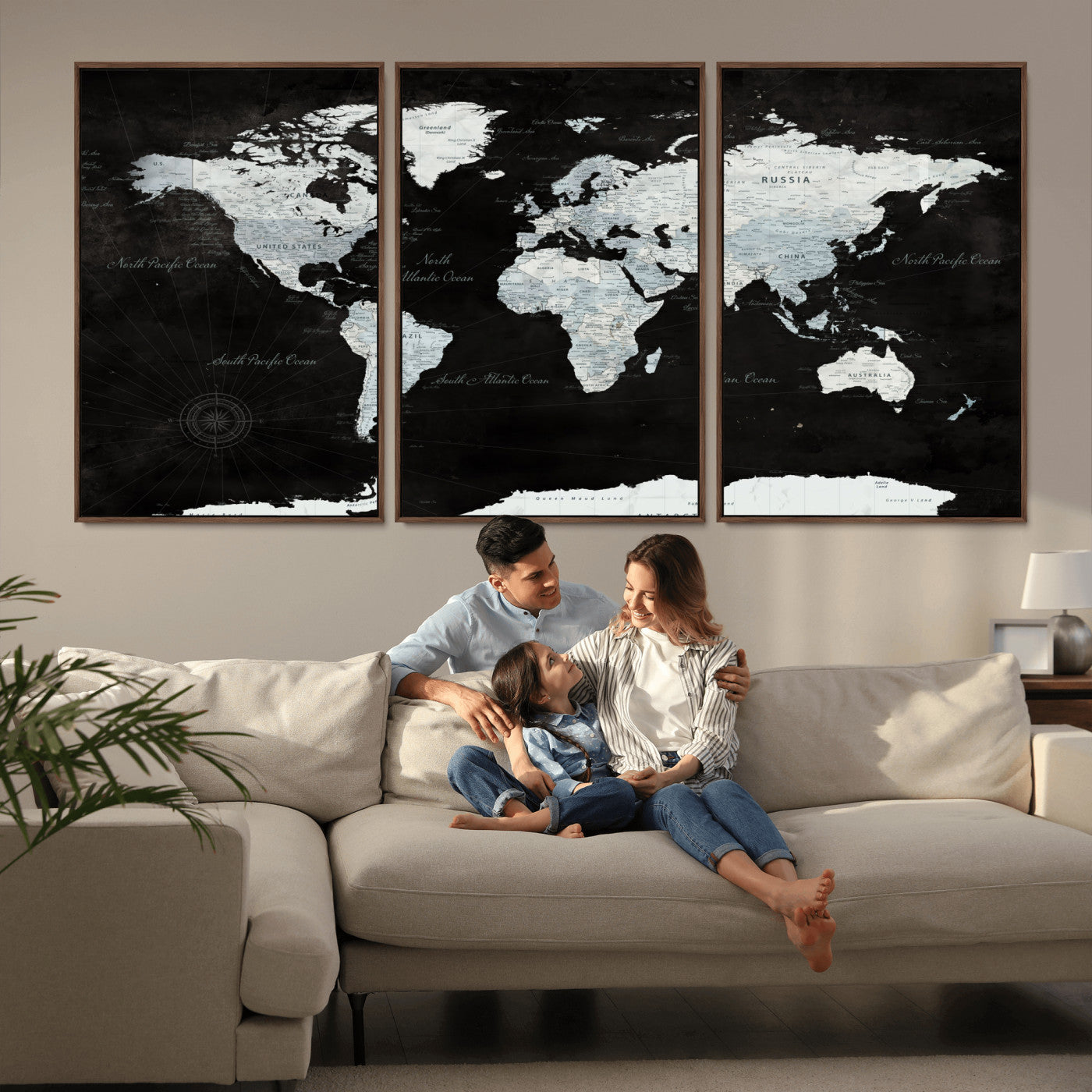 30759283-MGV-FC-60X30-3P - World Map Wall Art Canvas Print, Modern Decorative Framed Map Artwork Prints for Living Room, Office, Bedroom Wall Decor