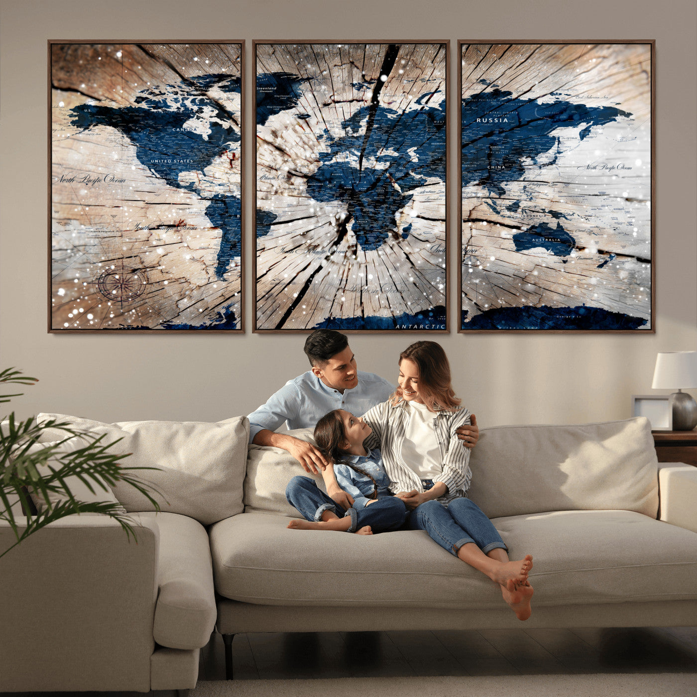 99001695-MGV-FC-60X30-3P - World Map Wall Art Canvas Print, Modern Decorative Framed Map Artwork Prints for Living Room, Office, Bedroom Wall Decor