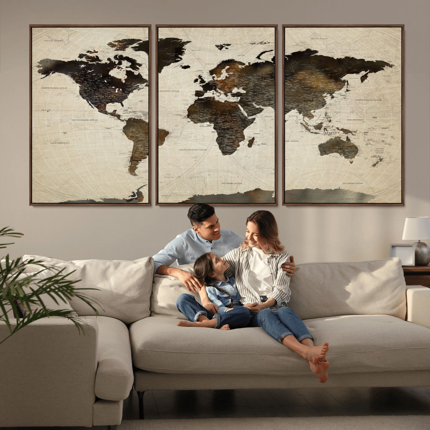81771296-MGV-FC-60X30-3P - World Map Wall Art Canvas Print, Modern Decorative Framed Map Artwork Prints for Living Room, Office, Bedroom Wall Decor