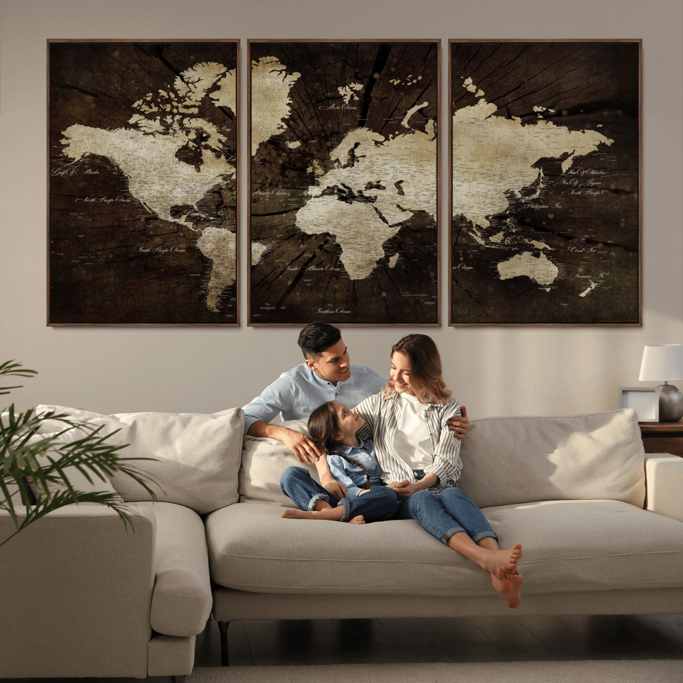 24010397-MGV-FC-60X30-3P - World Map Wall Art Canvas Print, Modern Decorative Framed Map Artwork Prints for Living Room, Office, Bedroom Wall Decor