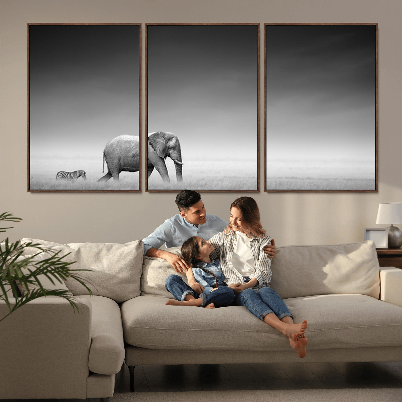 -Elephand and Zebra Wall Art Canvas Print, Modern Artwork