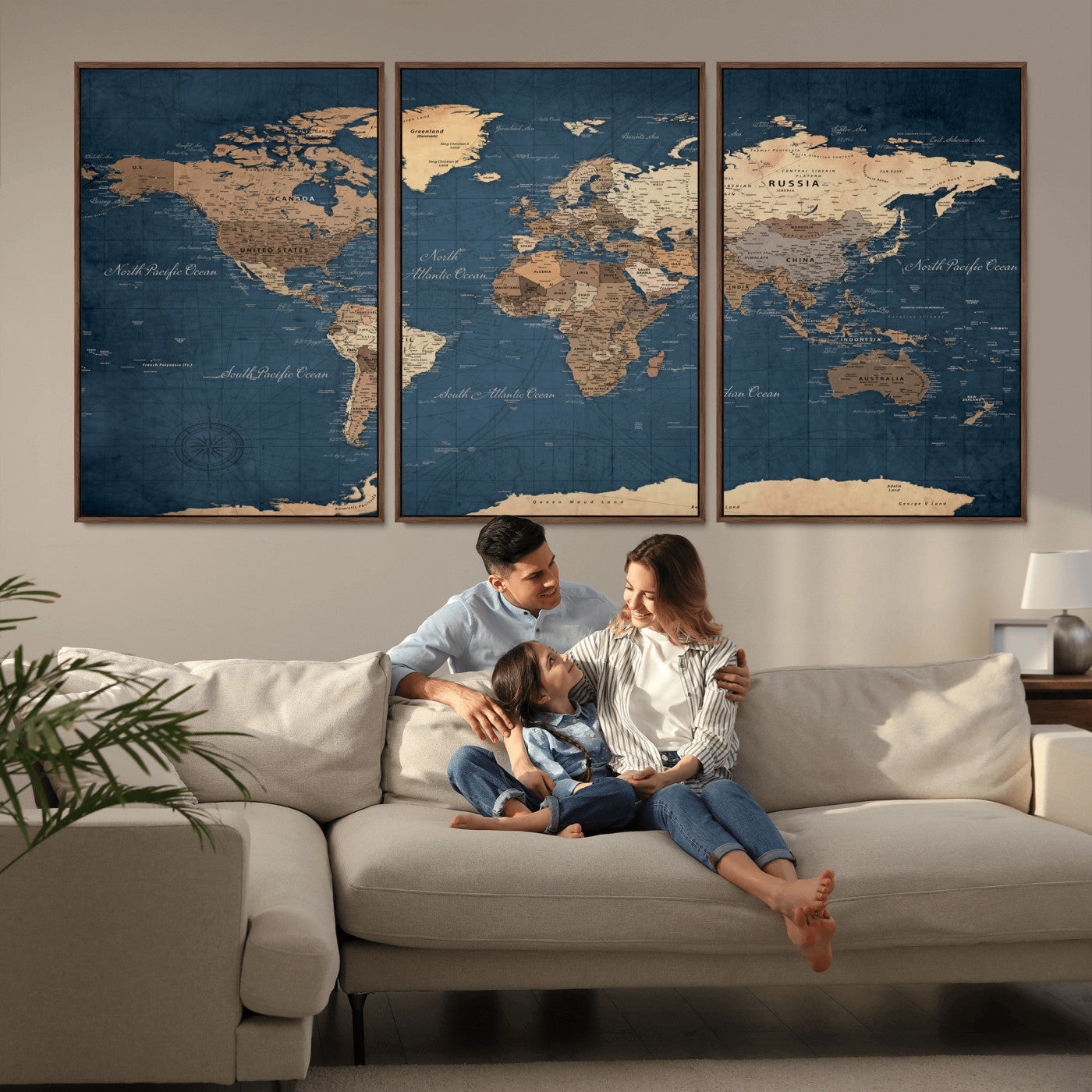 69886352-MGV-CV-36X24 - World Map Wall Art Canvas Print, Modern Decorative Framed Map Artwork Prints for Living Room, Office, Bedroom Wall Decor