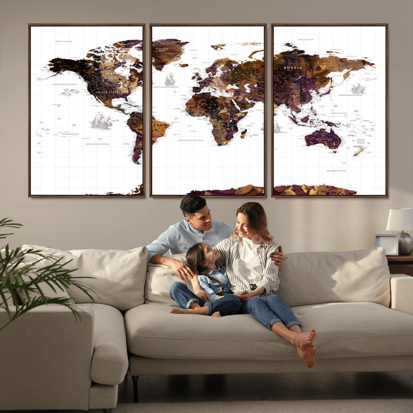 34792695-MGV-CV-36X24 - World Map Wall Art Canvas Print, Modern Decorative Framed Map Artwork Prints for Living Room, Office, Bedroom Wall Decor