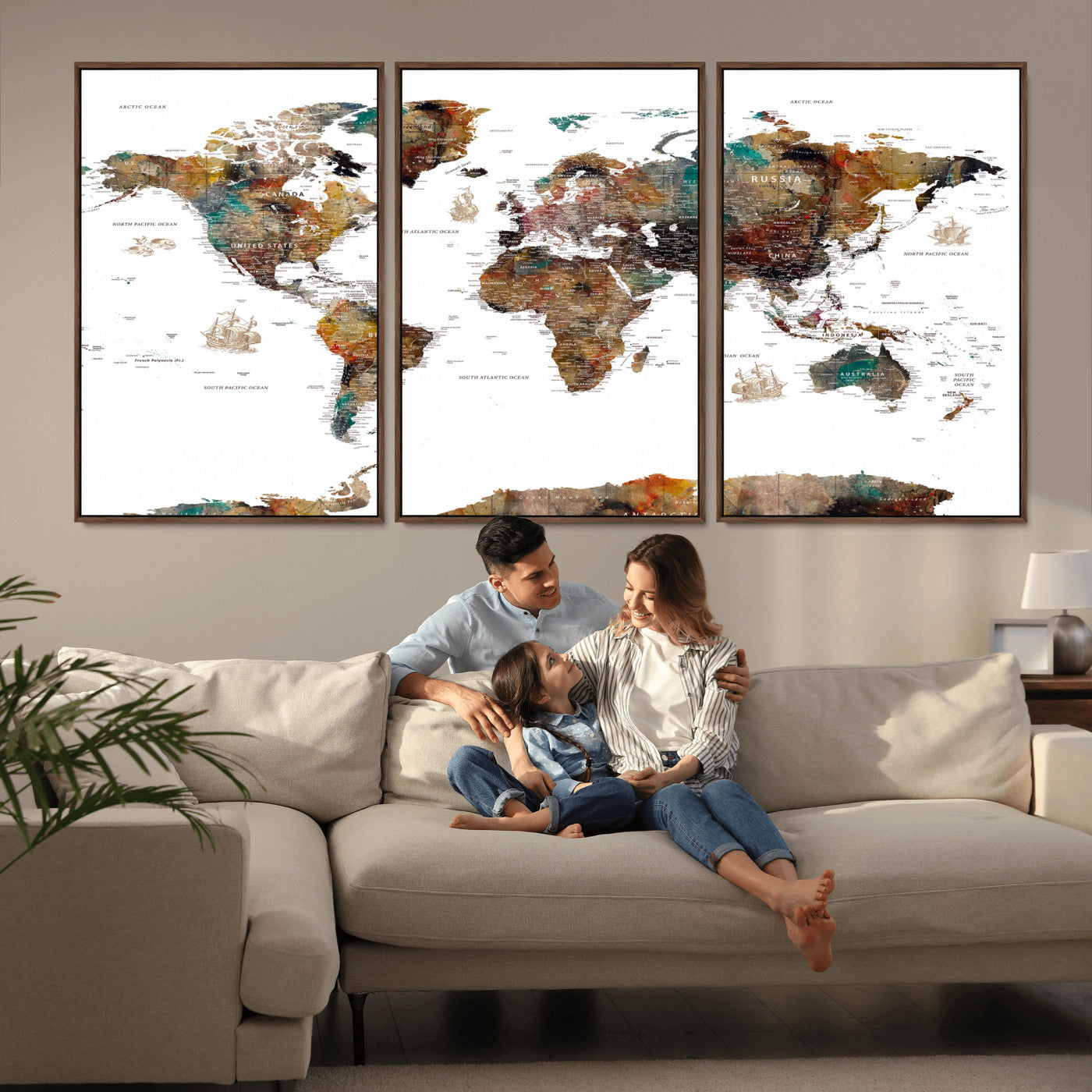 82293175-MGV-CV-36X24 - World Map Wall Art Canvas Print, Modern Decorative Framed Map Artwork Prints for Living Room, Office, Bedroom Wall Decor