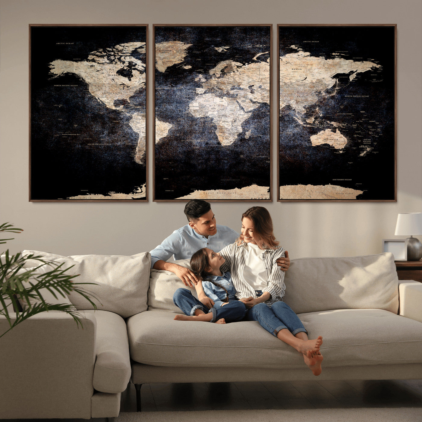 56713386-MGV-CV-36X24 - World Map Wall Art Canvas Print, Modern Decorative Framed Map Artwork Prints for Living Room, Office, Bedroom Wall Decor