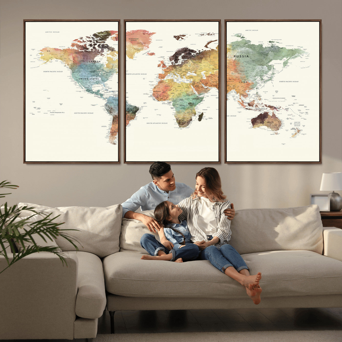 64206059-MGV-CV-36X24 - World Map Wall Art Canvas Print, Modern Decorative Framed Map Artwork Prints for Living Room, Office, Bedroom Wall Decor