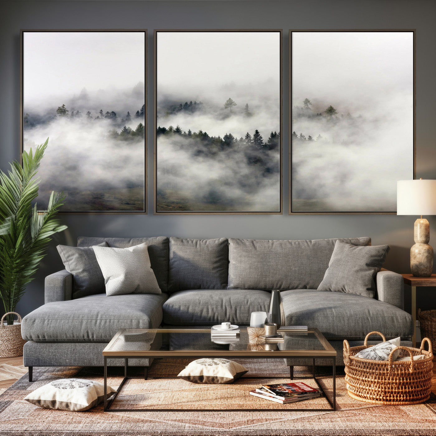 63235457-MGV-CV-36X24 - Foggy Forest Wall Art Canvas Print, Misty Pine Tree Landscape Wall Art Print, Framed Wall Art Ready to Hang