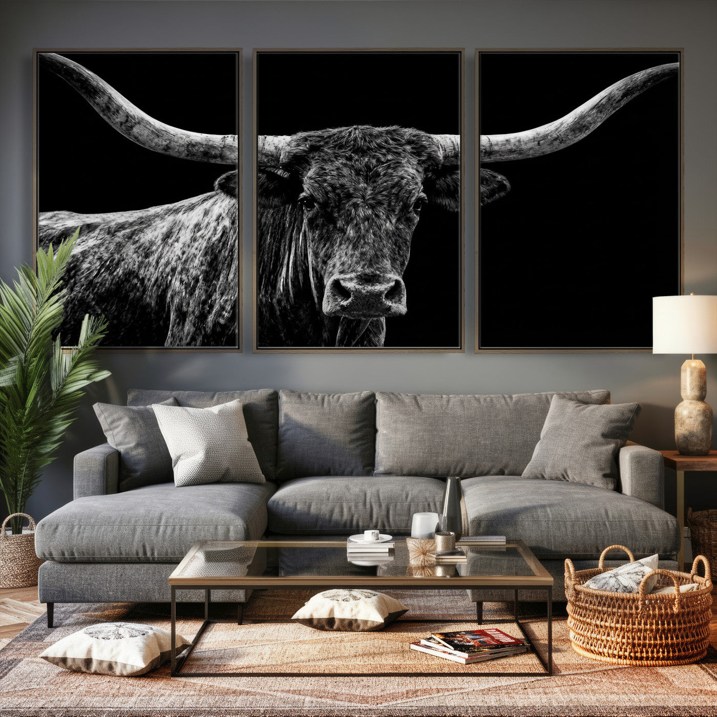 86568508-MGV-CV-36X24 - Vintage Texas Longhorn Bull Wall Art Canvas Print, Texas Cow Portrait Print, Framed Bull Wall Art Ready to Hang