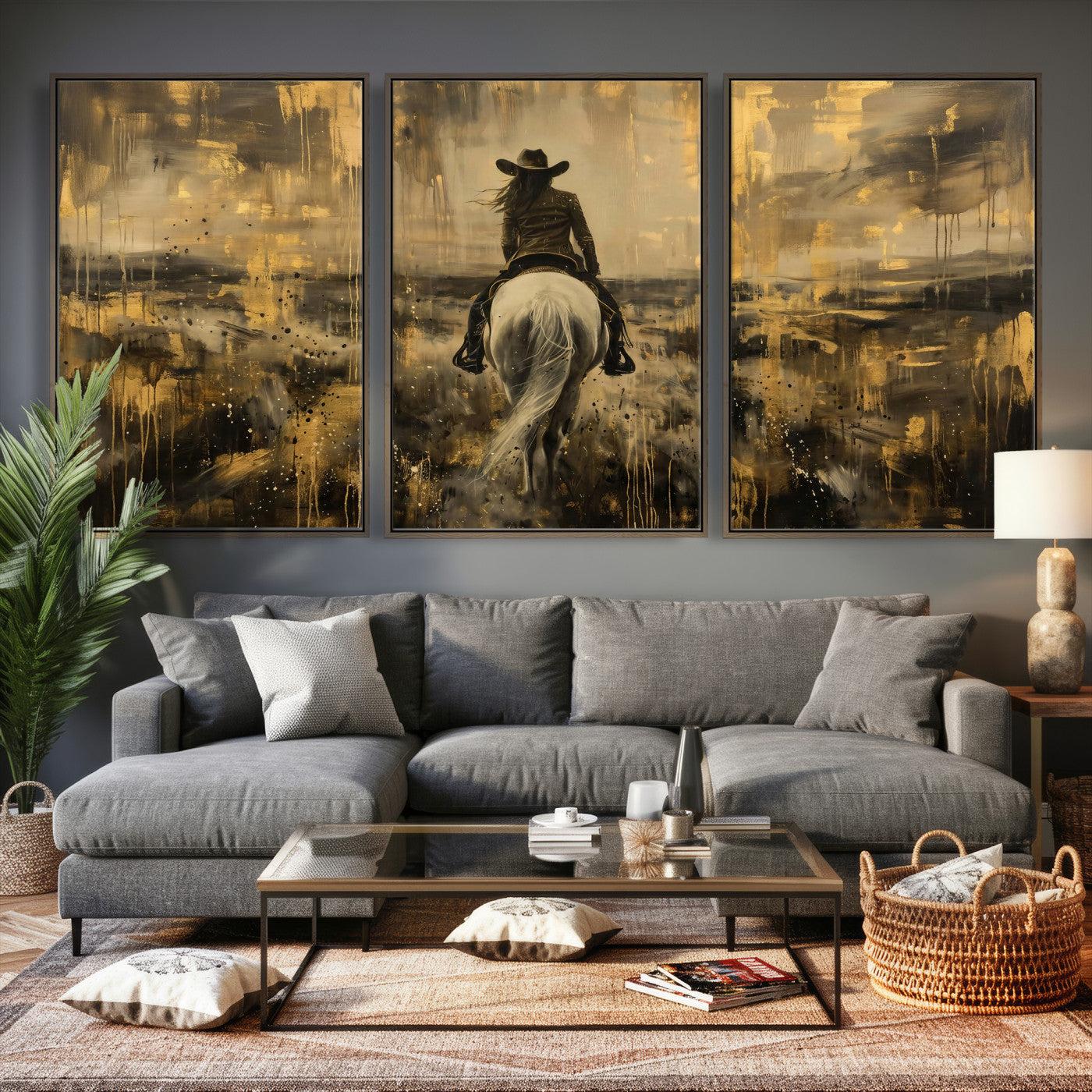 20465530-MGV-CV-36X24 - Cowgirl Wall Art Canvas Print, Western Horse Rider Wall Art, Framed Wall Art Ready to Hang