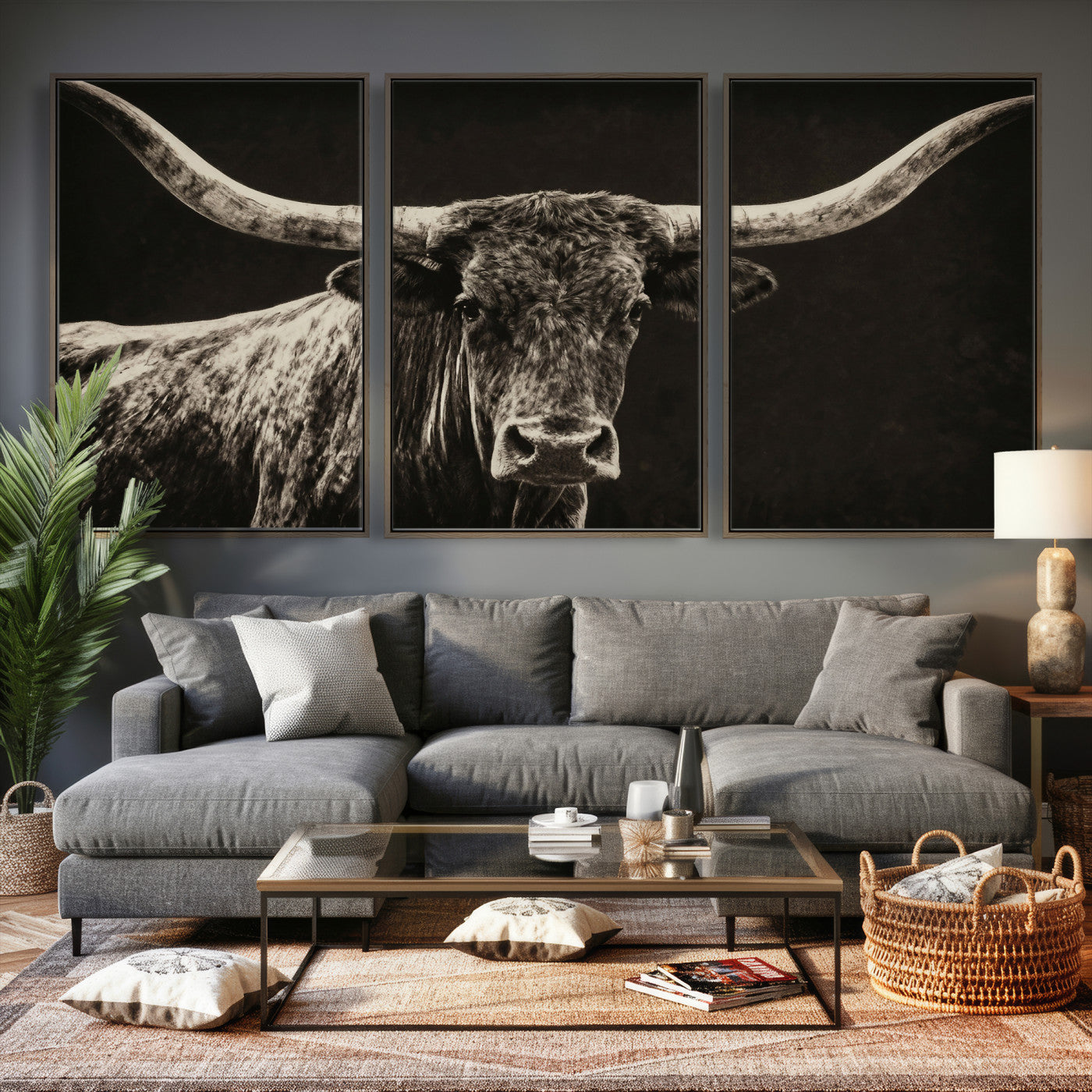 74513721-MGV-CV-36X24 - Vintage Texas Longhorn Bull Wall Art Canvas Print, Cow Portrait Photography Print, Framed Wall Art Ready to Hang