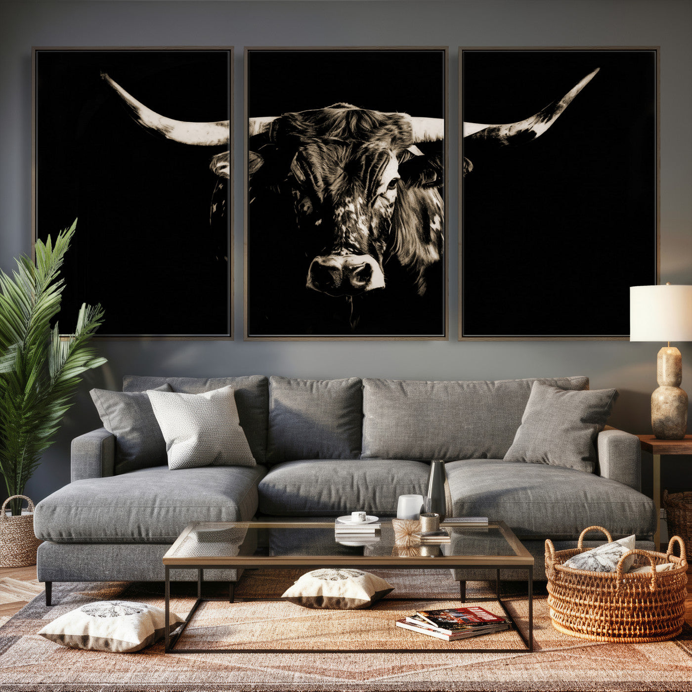 75774468-MGV-CV-36X24 - Black Bull Wall Art Canvas Print, Dark Longhorn Portrait Photography, Framed Wall Art Ready to Hang