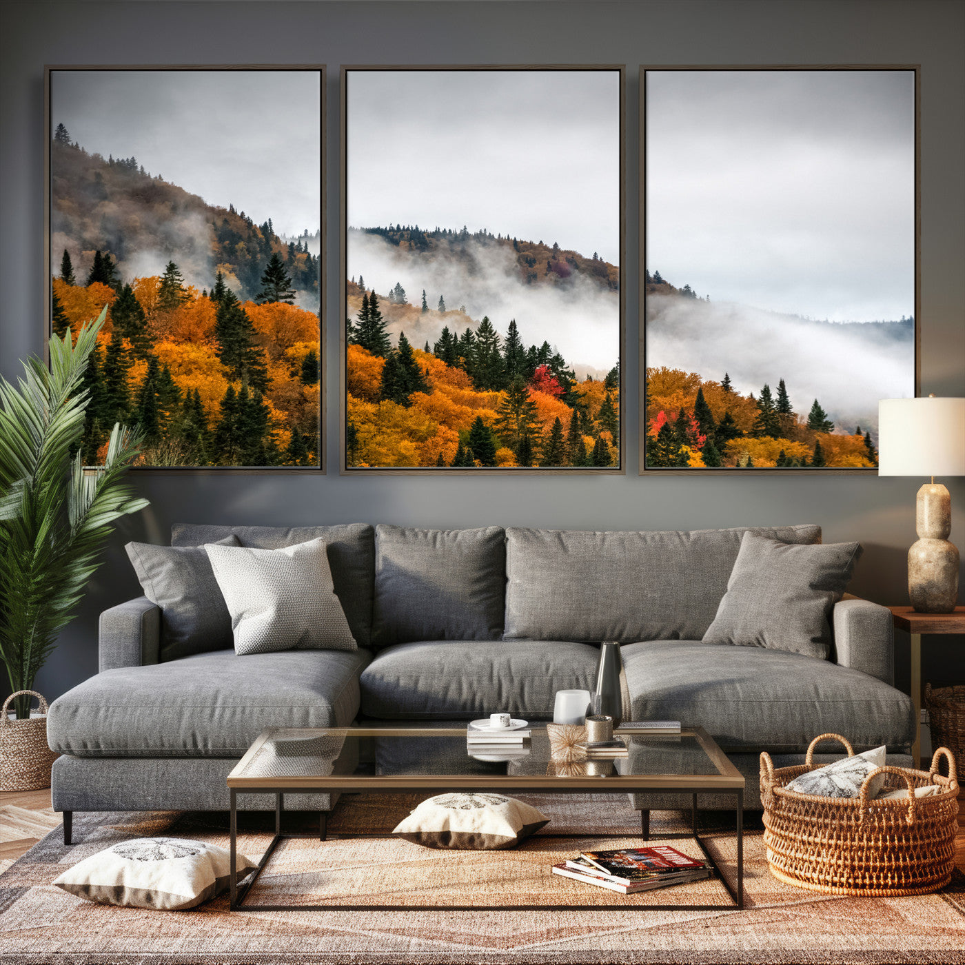 93581632-MGV-CV-36X24 - Autumn Forest Wall Art Canvas Print, Foggy Mountain Landscape Nature Photography, Framed Wall Art Ready to Hang