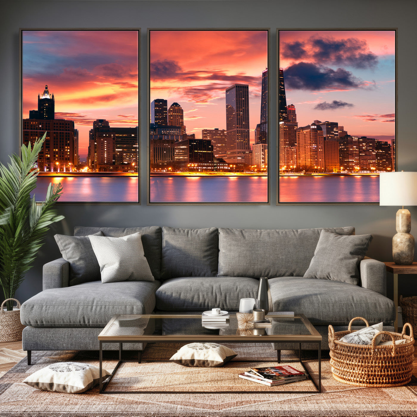 80390109-MGV-CV-36X24 - Chicago Wall Art Canvas Print, Chicago City Downtown Night Cityscape Print for Modern Urban Wall Decor