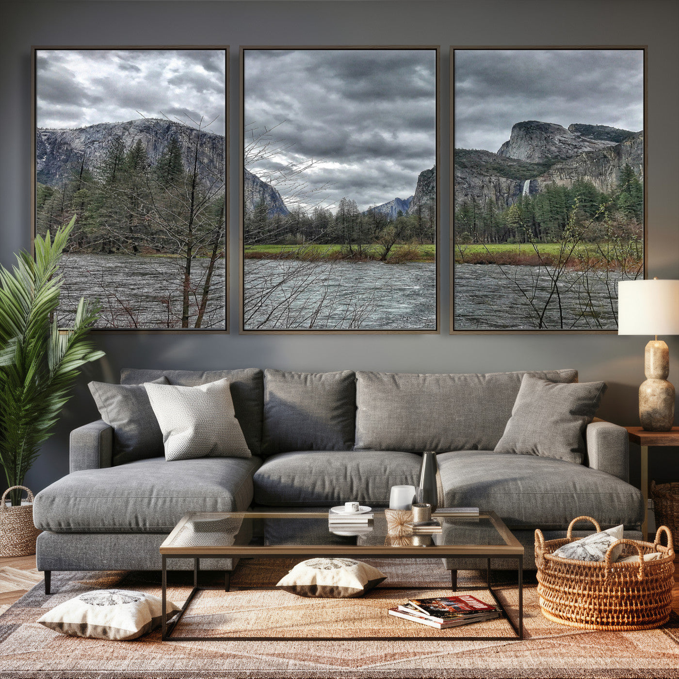 75582552-MGV-CV-36X24 - Yosemite Valley River Landscape Wall Art Canvas Print, Granite Cliffs Forest River Canvas Print, California National Park Moody Scenic Art Printi