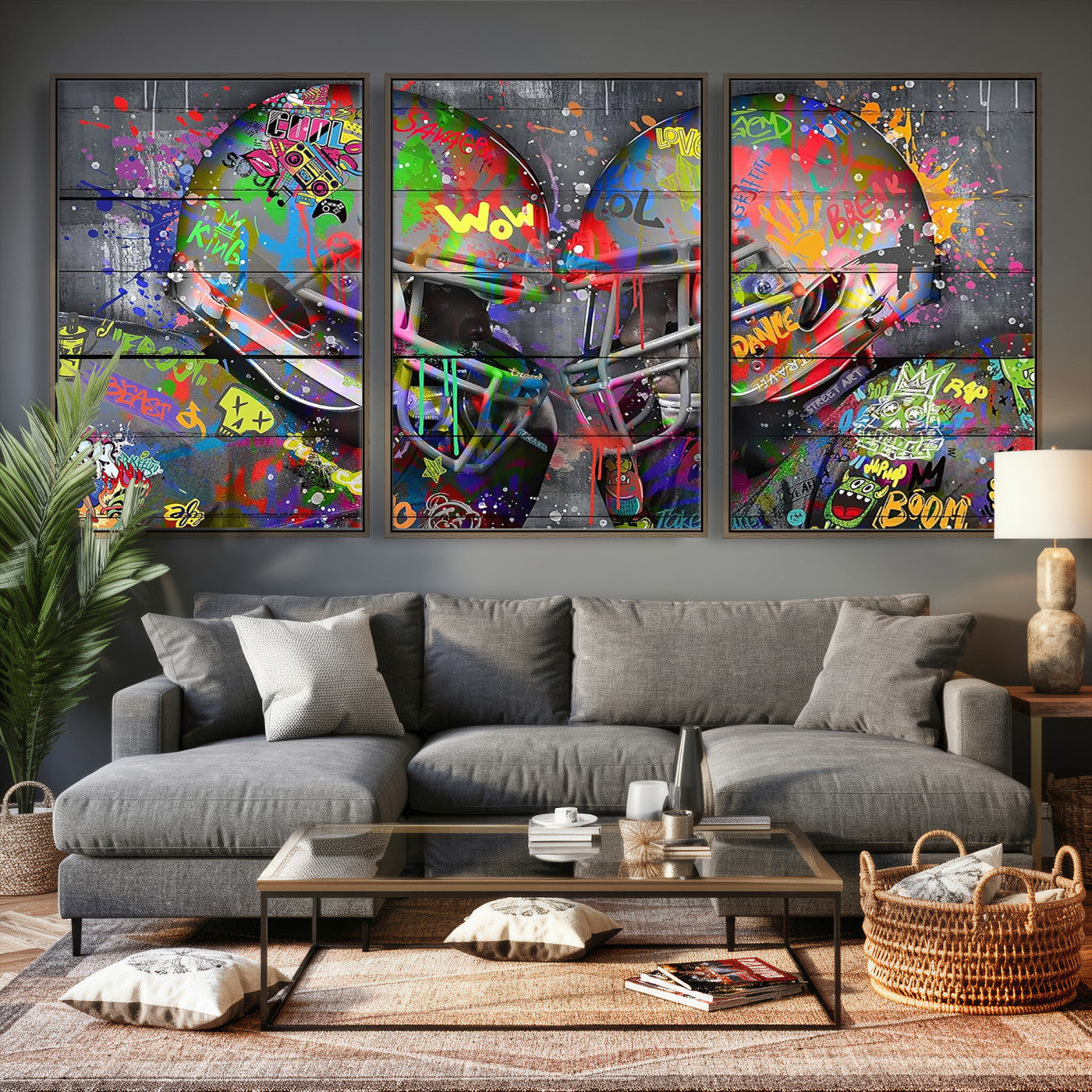 15309853-MGV-CV-36X24 - Graffiti Football Helmets Wall Art Canvas Print, Urban Street Art Sports Decor, Colorful American Football Graffiti Artwork