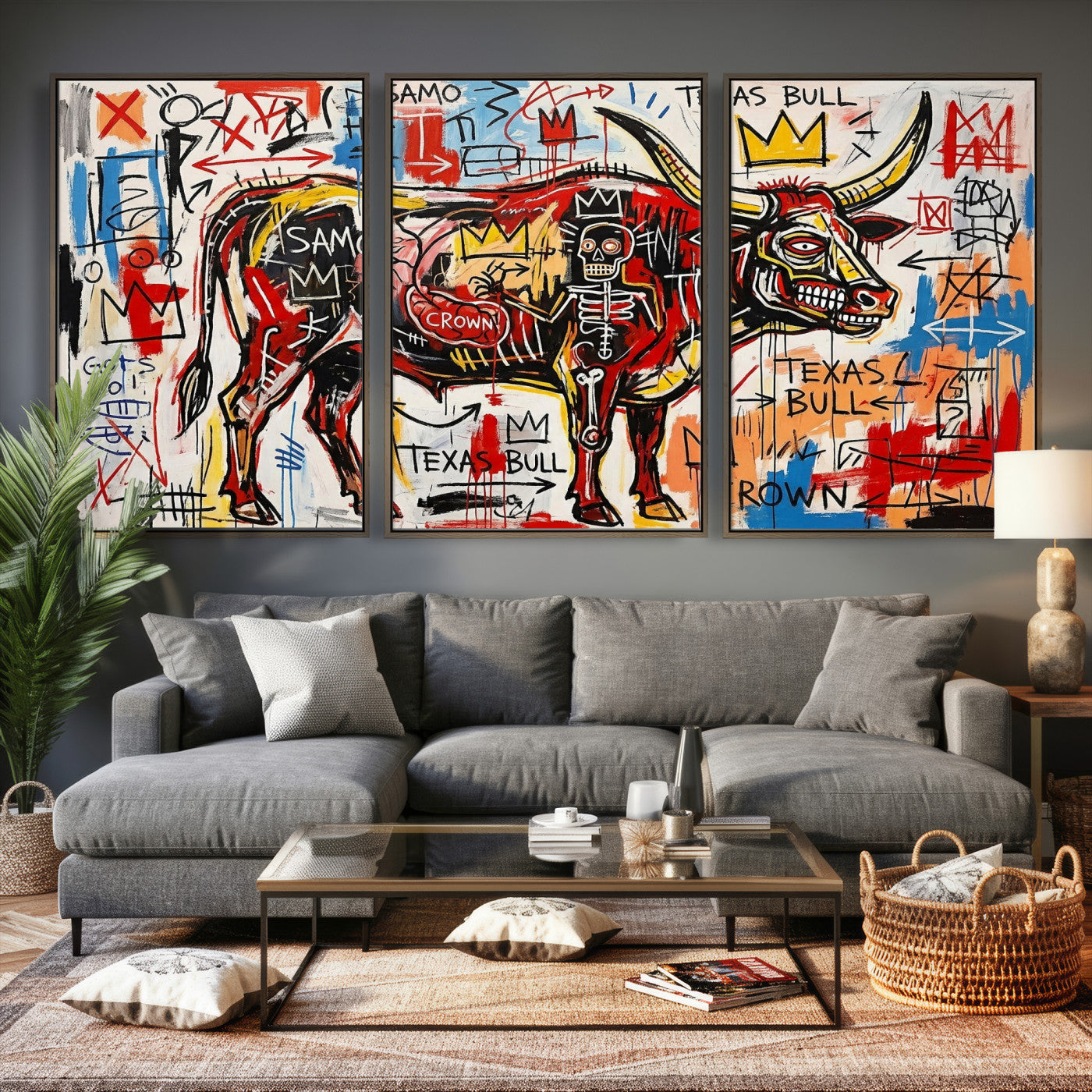 89504579-MGV-CV-36X24 - TITLE: Texas Bull Wall Art Canvas Print, Abstract Graffiti Bull Painting, Western Animal Art, Modern Ranch Decor