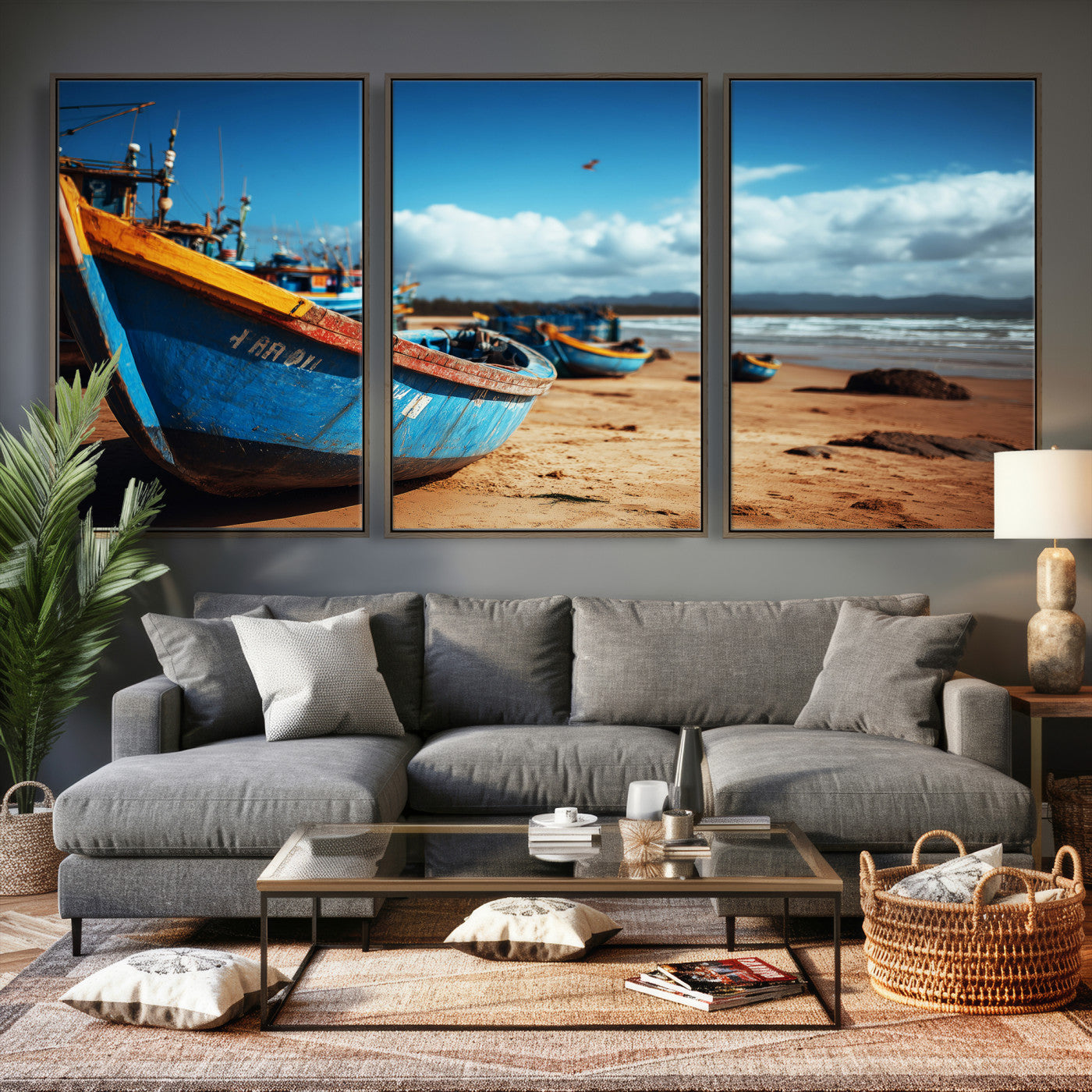 70925201-MGV-CV-36X24 - Fishing Boats Wall Art Canvas Print, Coastal Boat Beach Scene, Nautical Seaside Artwork, Ocean Shore Decor, Coastal Home Wall Art