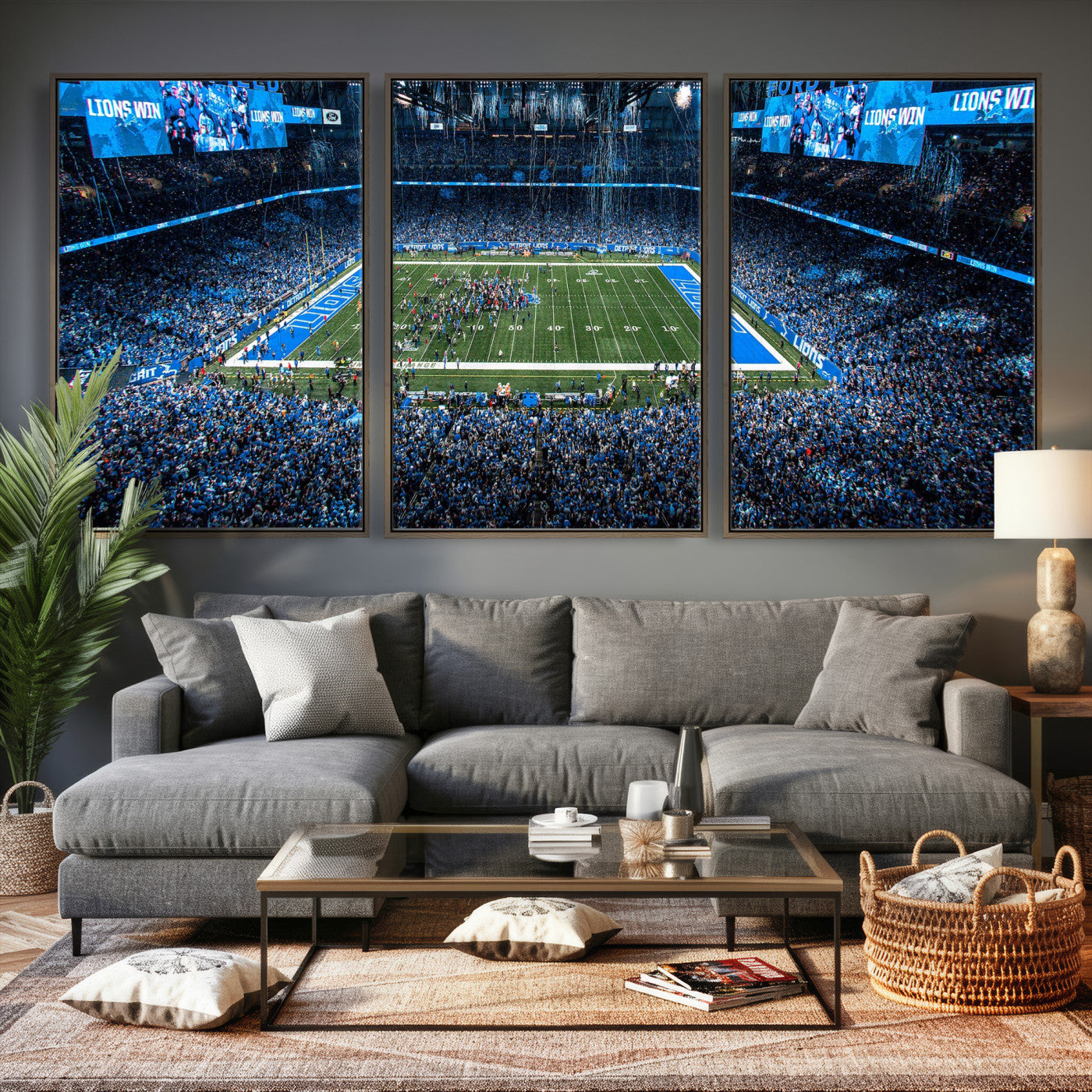 80882005-MGV-CV-36X24 - Detroit Lions Stadium Wall Art Canvas Print, Football Field Panorama Artwork, NFL Game Night Stadium Decor