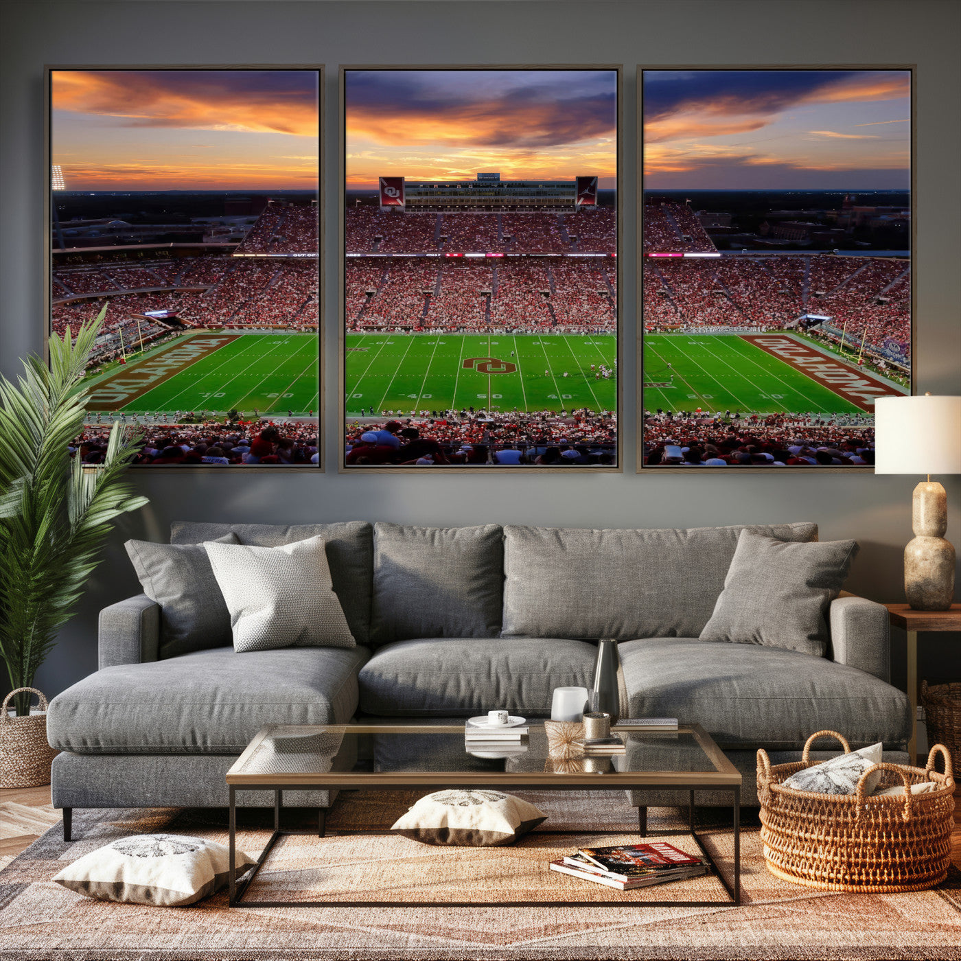 51457497-MGV-CV-36X24 - Oklahoma Sooners Stadium Wall Art Canvas Print, College Football Sunset Game Scene, OU Football Field Panorama Wall Decor