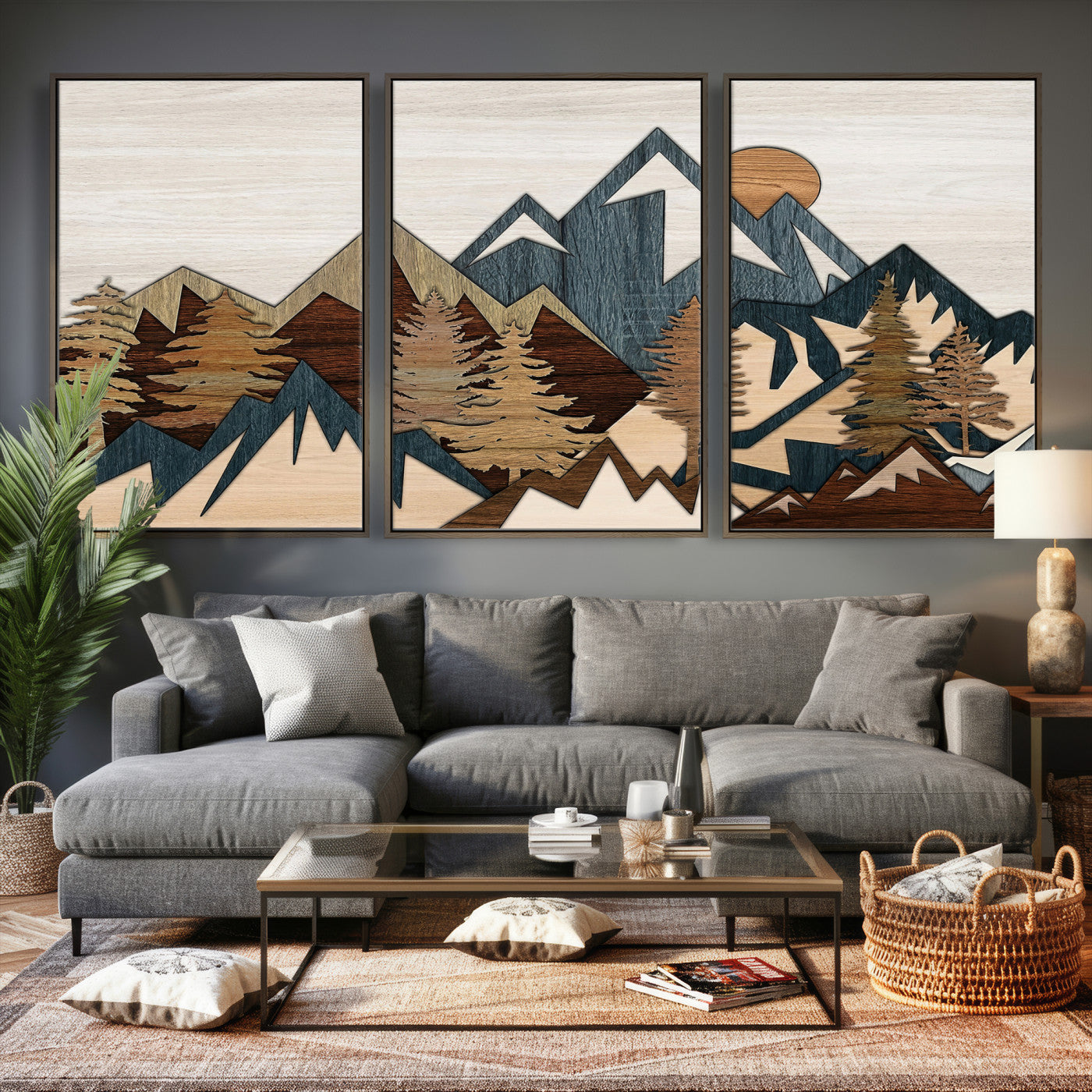 61833055-MGV-CV-36X24 - Mountain Forest Wall Art Canvas Print, Layered Wood Landscape Artwork, Rustic Nature Wall Decor for Living Room