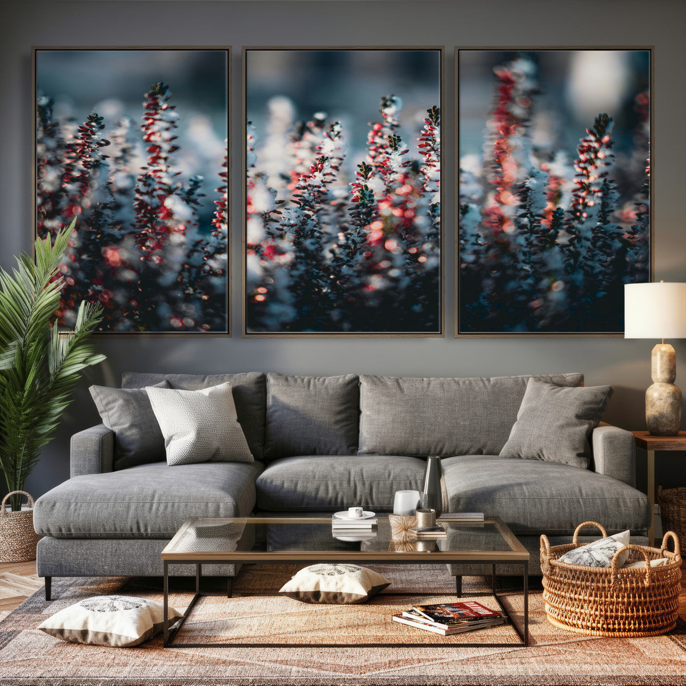 82063935-MGV-CV-36X24 - Winter Heather Wall Art Canvas Print, Frosted Floral Nature Art, Moody Botanical Wall Decor