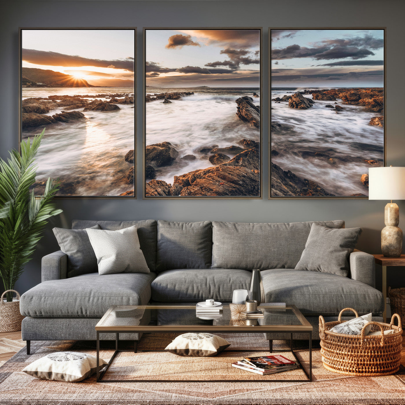 66746024-MGV-CV-36X24 - Rocky Coast Ocean Sunset Wall Art Canvas Print, Dramatic Seascape Nature Wall Decor for Living Room and Office