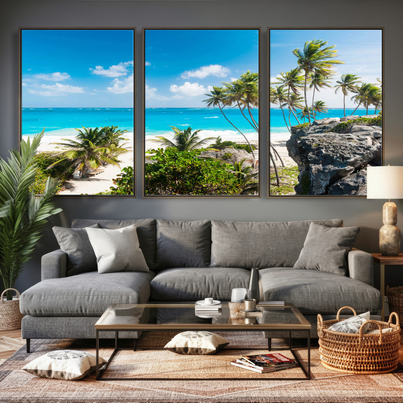 98605610-MGV-CV-36X24 - Tropical Beach Wall Art Canvas Print, Palm Tree Ocean Landscape Photography, Caribbean Coastal Artwork