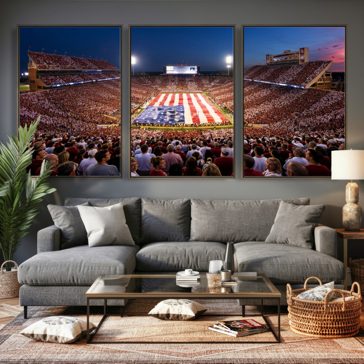 59917418-MGV-CV-36X24 - Oklahoma Memorial Stadium Wall Art Canvas Print – Oklahoma Sooners Football Artwork for Home, Office, and Sports Room Decor