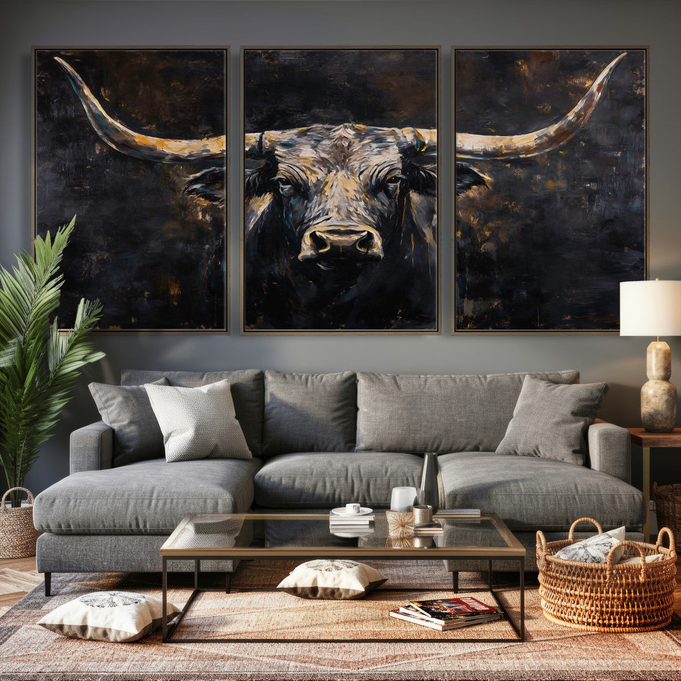 17622011-MGV-CV-36X24 - Abstract Longhorn Bull Wall Art Canvas Print – Dark Rustic Western Cattle Artwork for Farmhouse, Ranch, Cabin, and Office Decor