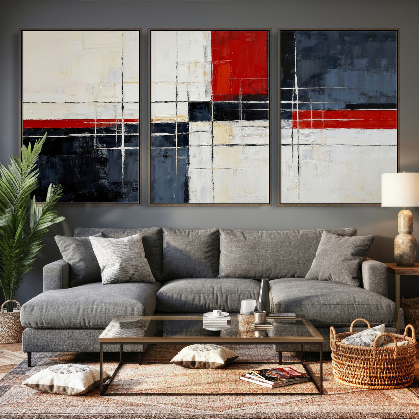 44088165-MGV-CV-36X24 - Navy Red Abstract Wall Art Canvas Print, Modern Luxury Geometric Painting Wall Decor for Living Room and Office