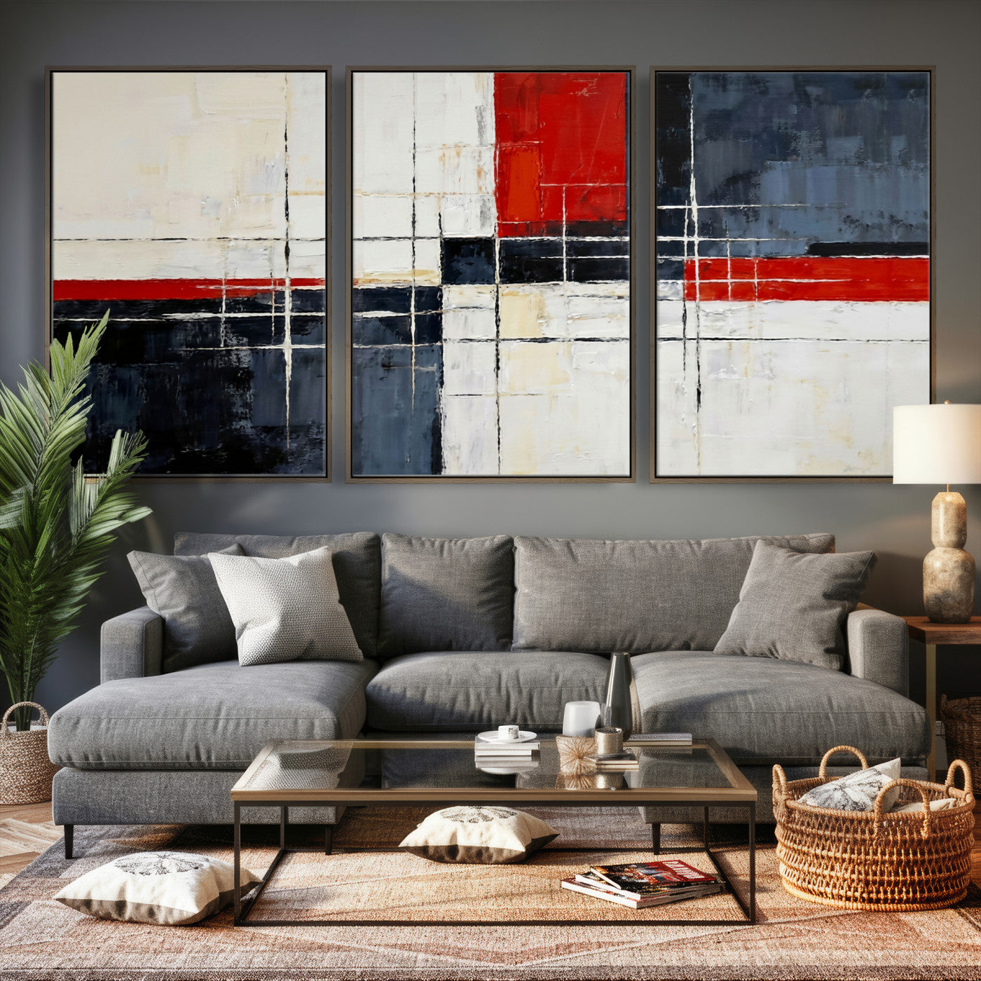 11921181-MGV-CV-36X24 - Navy Red Abstract Wall Art Canvas Print, Modern Luxury Geometric Painting Wall Decor for Living Room and Office