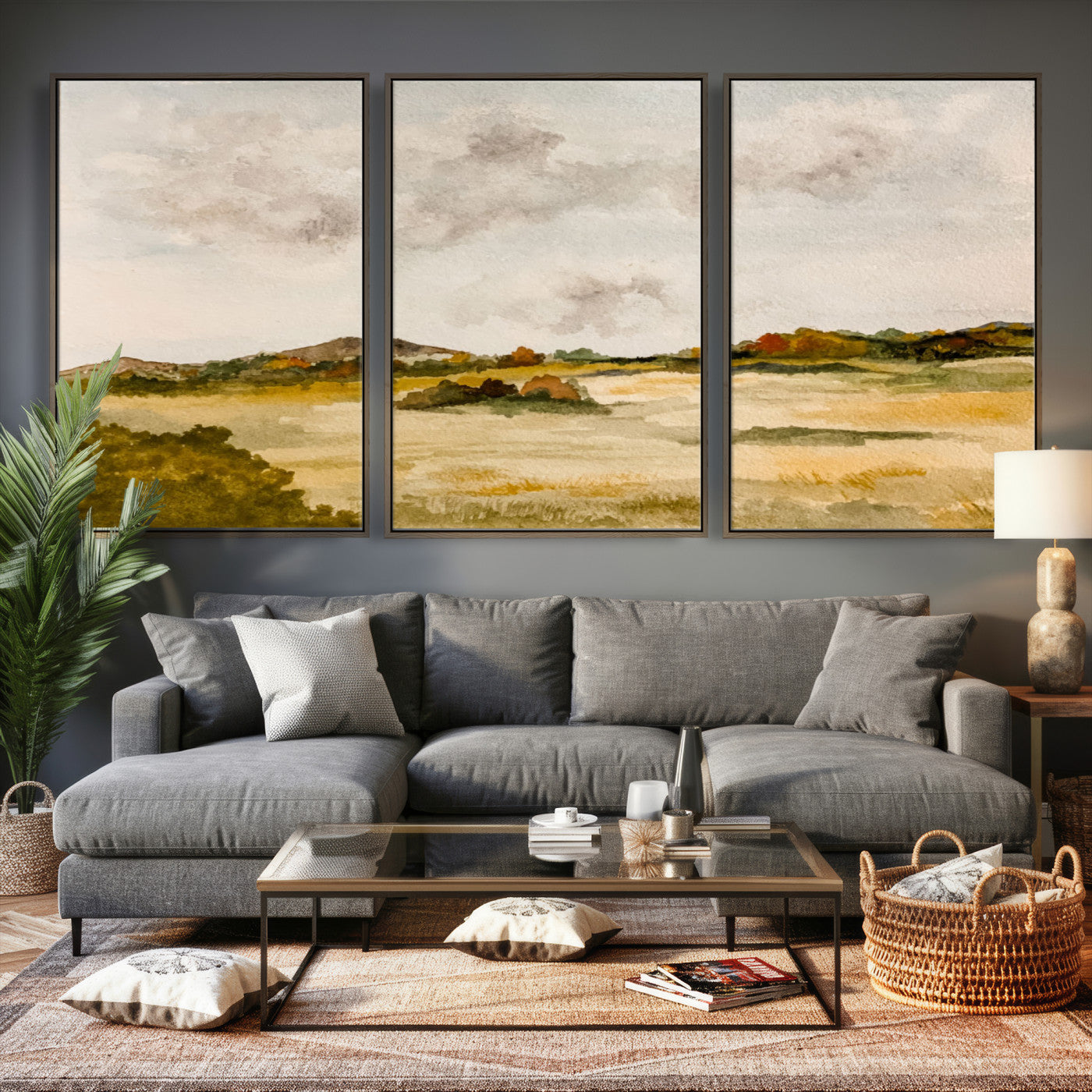 94151004-MGV-CV-36X24 - Watercolor Abstract Countryside Wall Art Canvas Print, Neutral Pastoral Landscape Painting Wall Decor for Modern Farmhouse Interiors