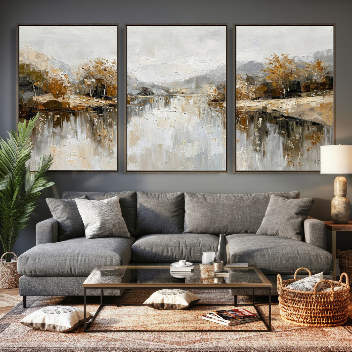 78227690-MGV-CV-36X24 - Neutral Abstract Lake Landscape Wall Art Canvas Print, Modern Minimal River Reflection Canvas Print, Beige Gray Contemporary Nature Art Printing