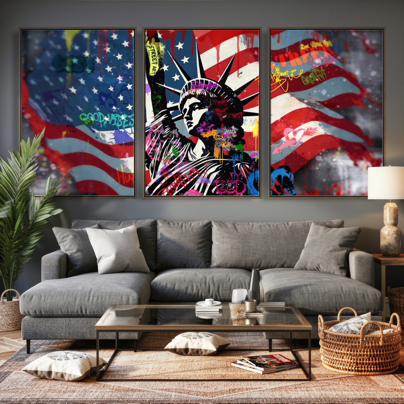 32151941-MGV-CV-36X24 - USA Statue of Liberty Graffiti Street Art Wall Art Canvas Print, American Flag Urban Pop Art Canvas Print, Modern Patriotic Street Art Contemporary Art Printing