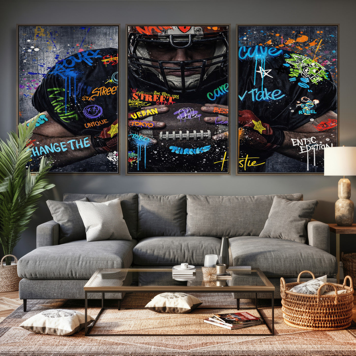 55267256-MGV-CV-36X24 - Graffiti American Football Player Street Art Wall Art Canvas Print, Urban Sports Pop Art Football Canvas Print, Modern Athletic Graffiti Contemporary Art Printing