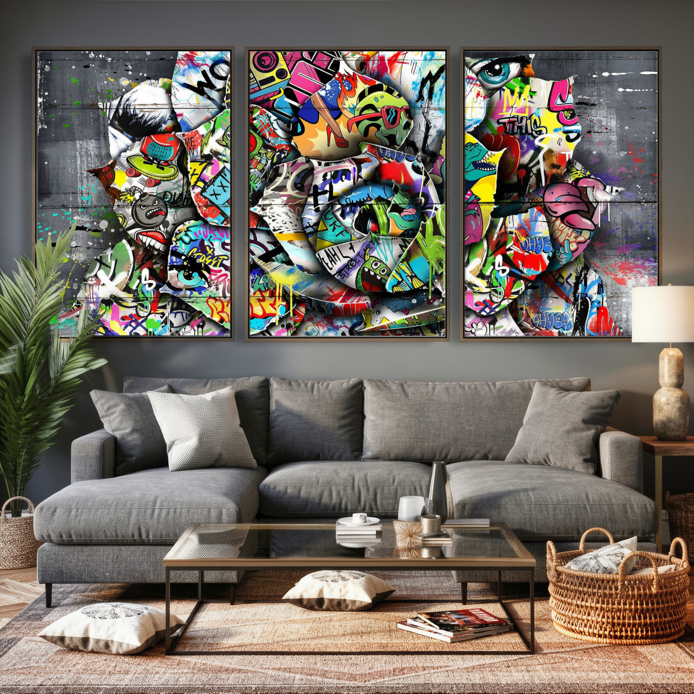 77553344-MGV-CV-36X24 - Abstract Graffiti Collage Street Art Wall Art Canvas Print, Colorful Urban Pop Art Canvas Print, Modern Graffiti Patchwork Contemporary Art Printing
