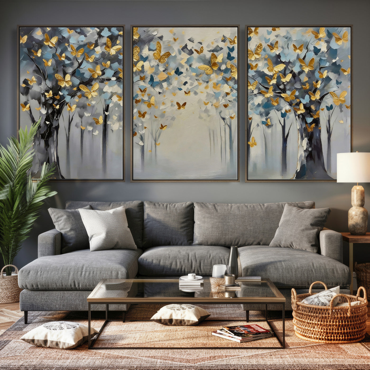 79208191-MGV-CV-36X24 - Golden Butterfly Tree Abstract Wall Art Canvas Print, Modern Elegant Nature Painting Canvas Print, Blue Gold Contemporary Floral Art Printing